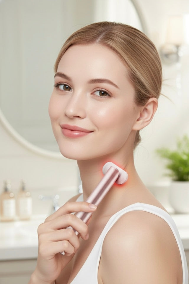 Woman using a skincare device in a bathroom setting