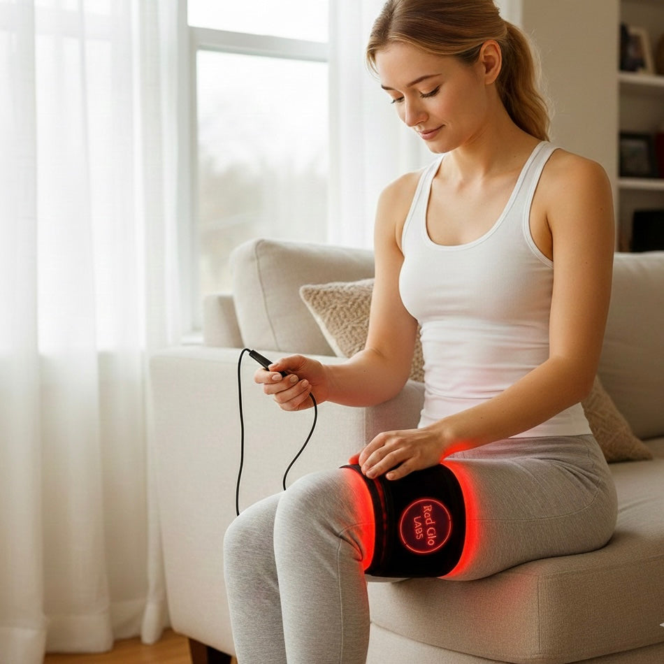 Woman using a massage device on her leg in a living room setting