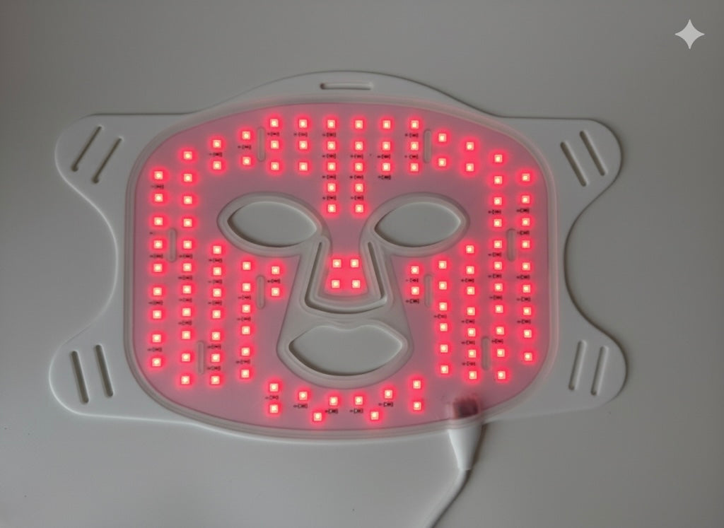 LED face mask with red light on a gray background