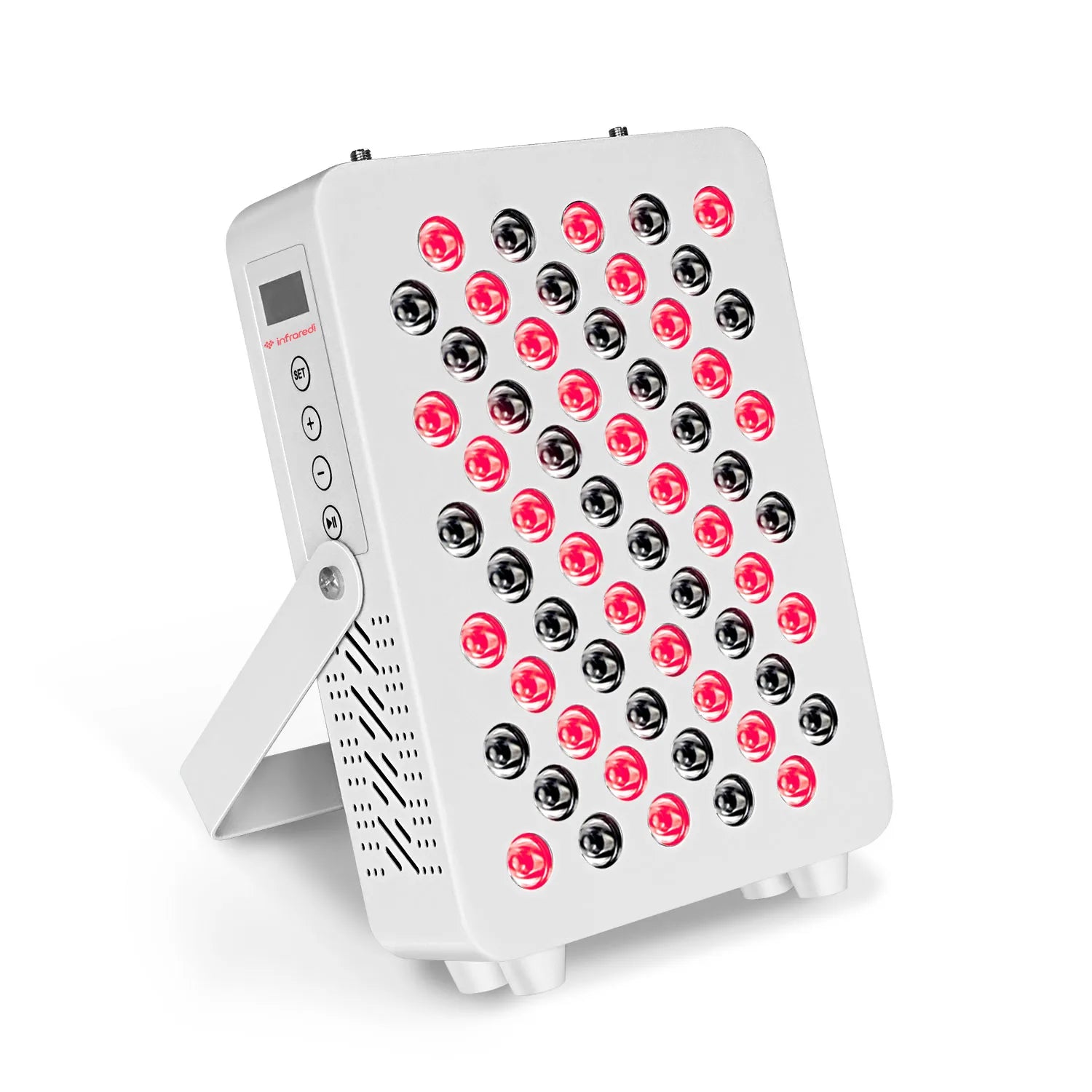 White LED light therapy device with red and black lights on a white background