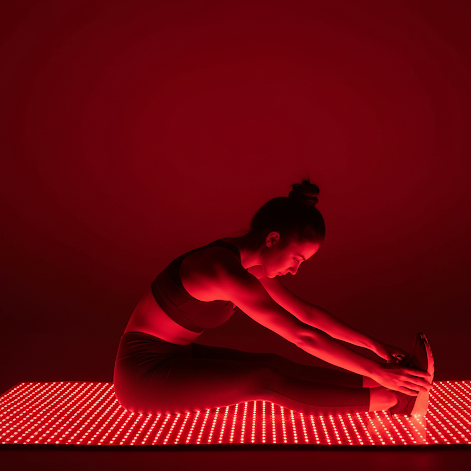 Person in a yoga pose on a red LED platform with a red background