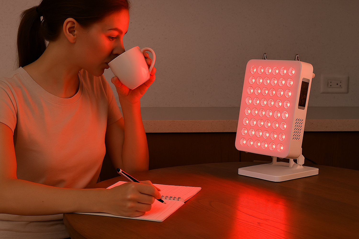 A woman drinking coffee and writing notes in front of a red light panel.