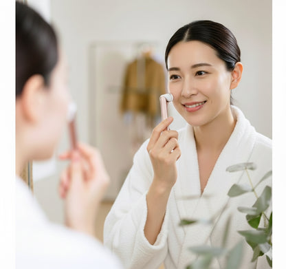 Woman applying skincare product in front of a mirror