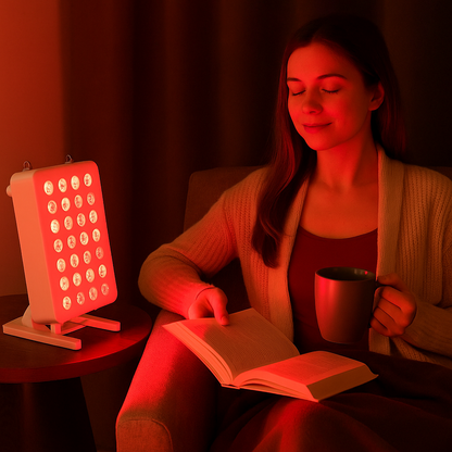 Woman reading a book in a dimly lit room with a red light therapy lamp.