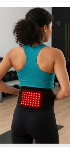 Person wearing a back brace with red lights, likely for pain relief or support.