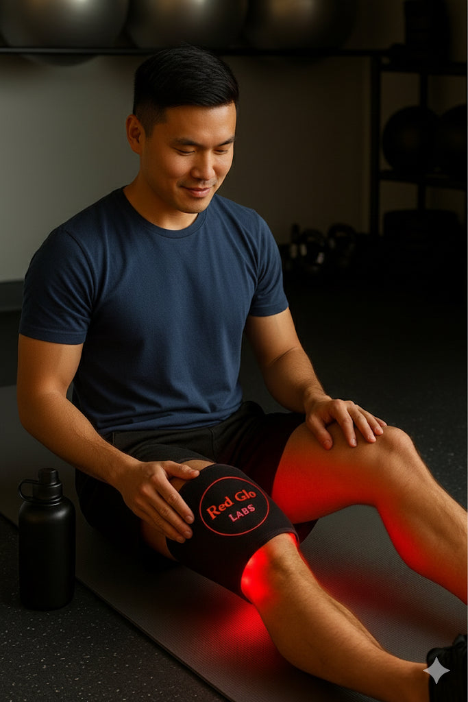 Man using a red light therapy device on his knee in a gym setting