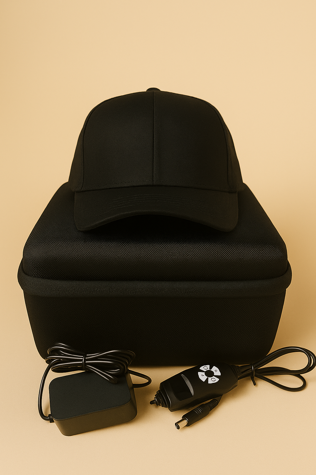 Black cap, black box, power adapter, and cable on a beige background