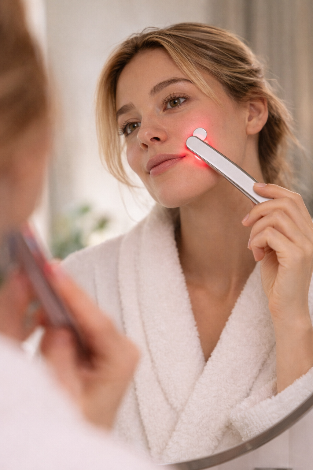 Woman using a skincare device in front of a mirror