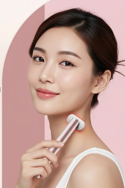 Woman holding a beauty tool against a pink background