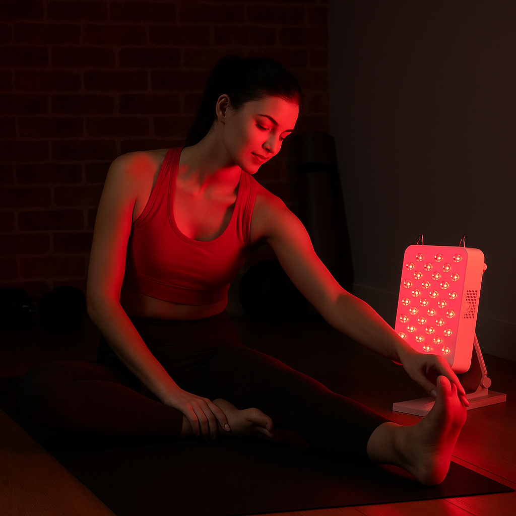 Woman using a red light therapy device on her foot in a dimly lit room.