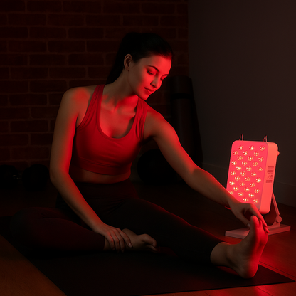 Woman using a red light therapy device on her foot in a dimly lit room.