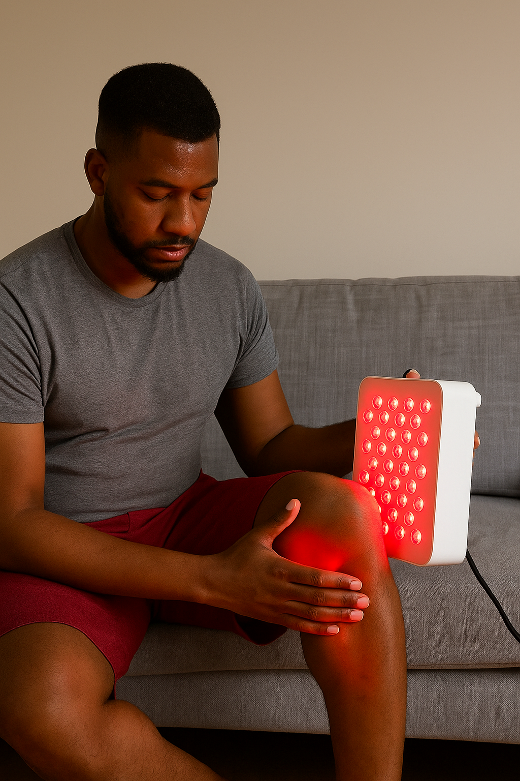 Man using a red light therapy device on his knee at home.