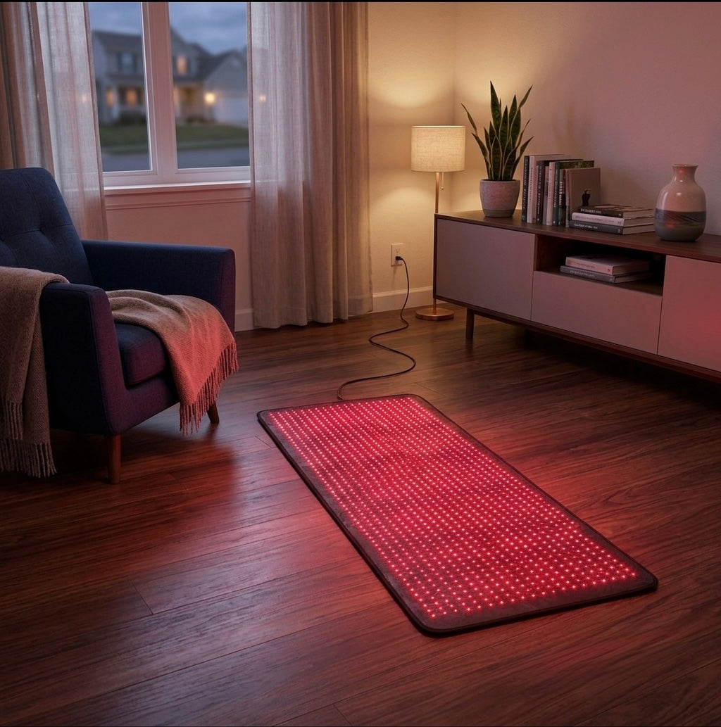GloMat red light therapy mat on wood floor in living room