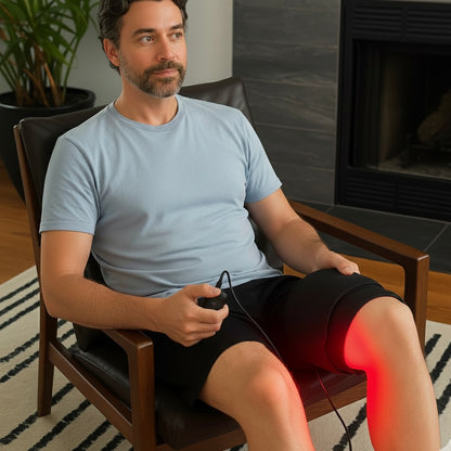 Man sitting in a chair using a leg massager in a home setting.