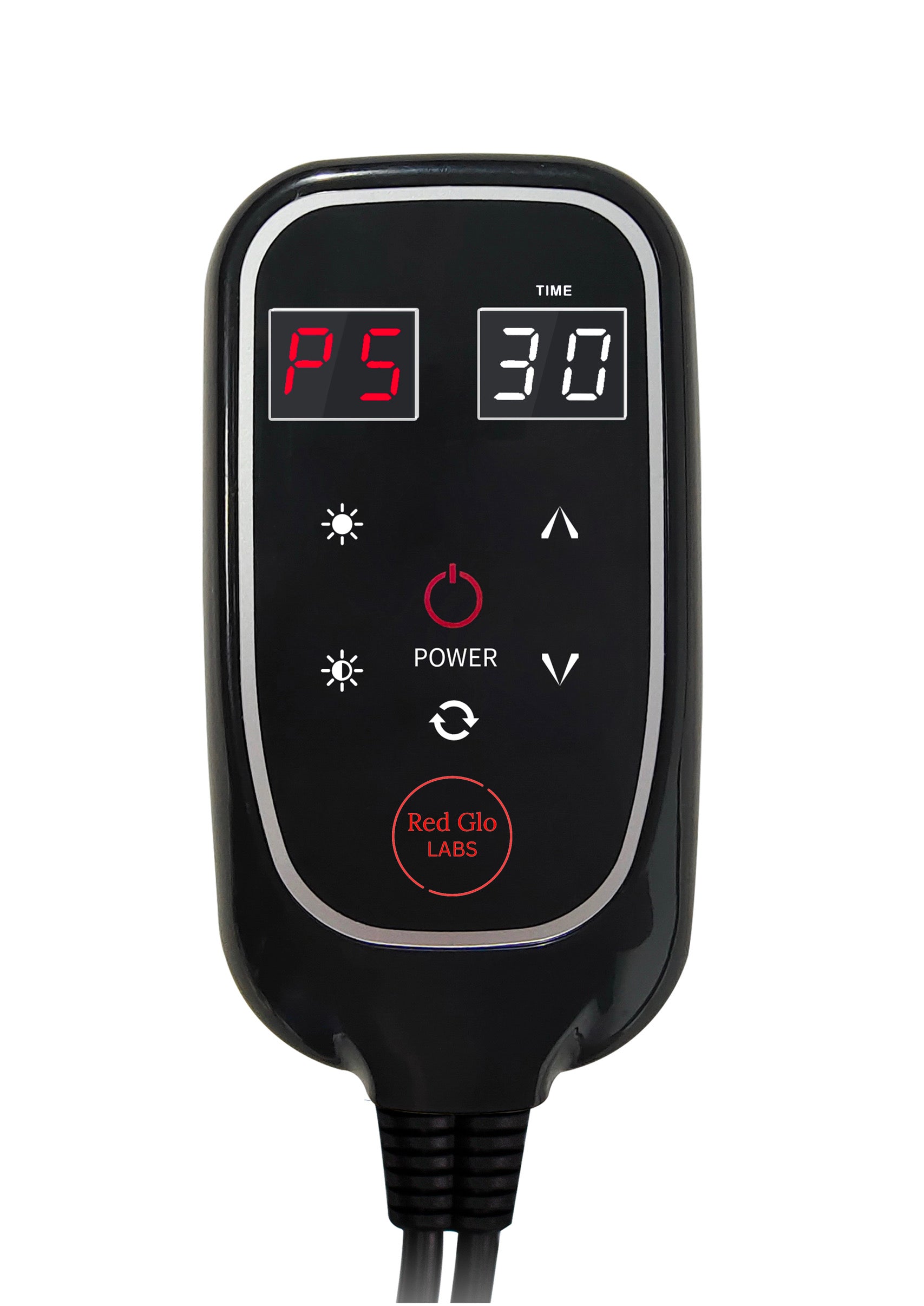 Red Glo Labs remote control for GloMat with power, brightness, and 30-minute timer setting.
