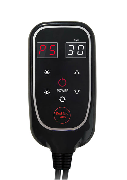 Red Glo Labs remote control for GloMat with power, brightness, and 30-minute timer setting.