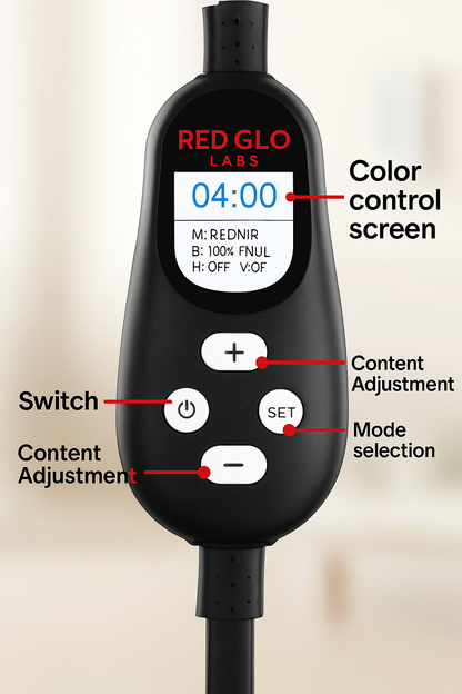Black electronic device with a color control screen and labeled buttons on a blurred background