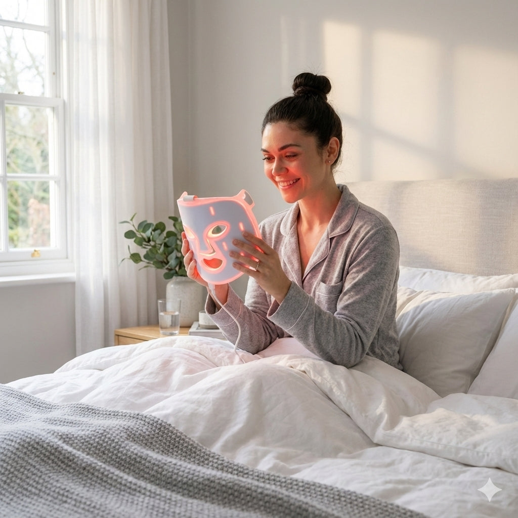 Woman in bed holding a pink LED face mask in a bright bedroom.