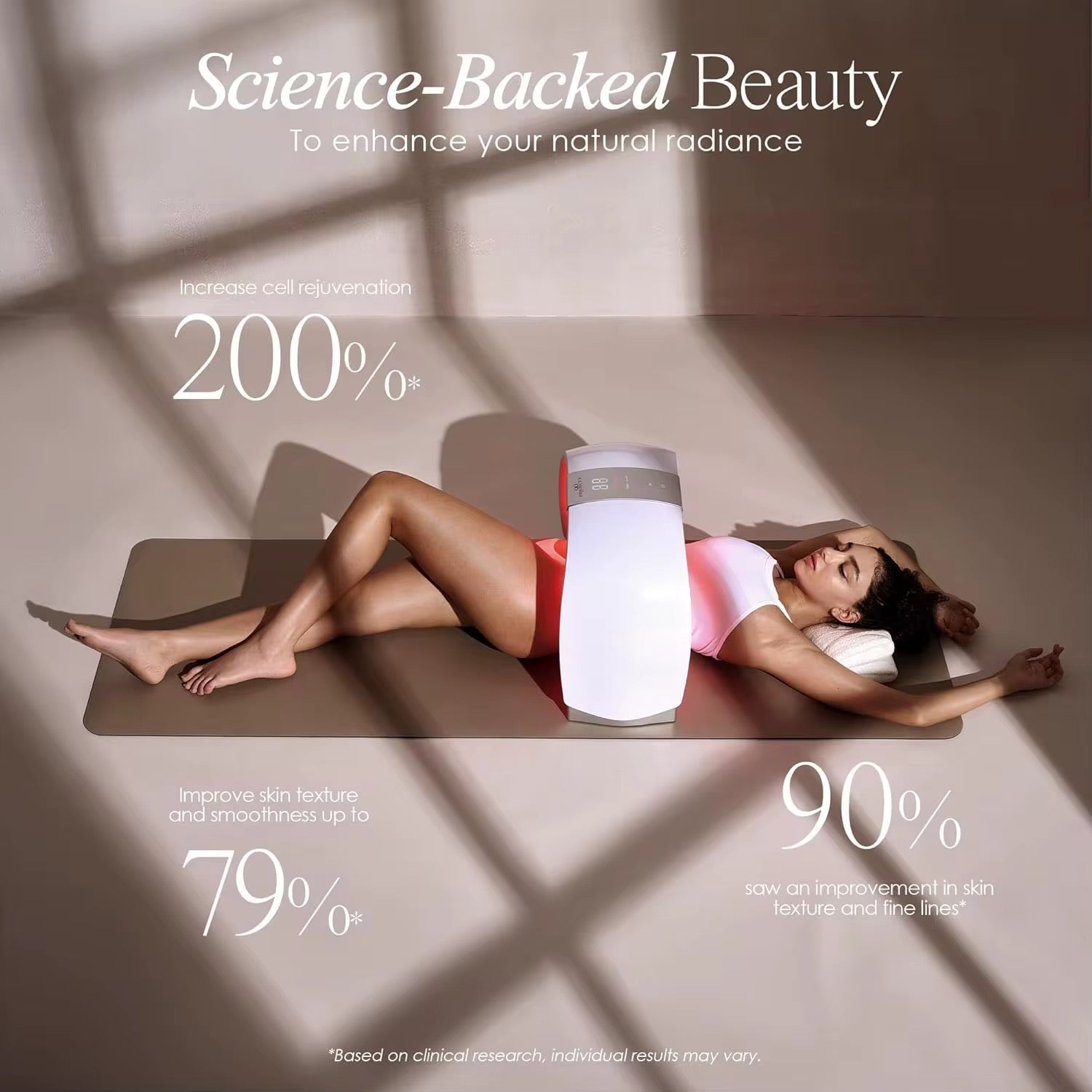 Woman lying on a mat with a glowing device, surrounded by text about science-backed beauty products.