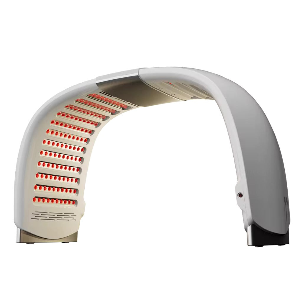 White electronic device with red lights on a white background