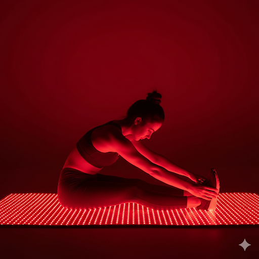 Person in a yoga pose on a red LED platform with a red background