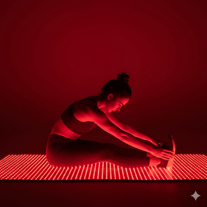 Person in a yoga pose on a red LED platform with a red background
